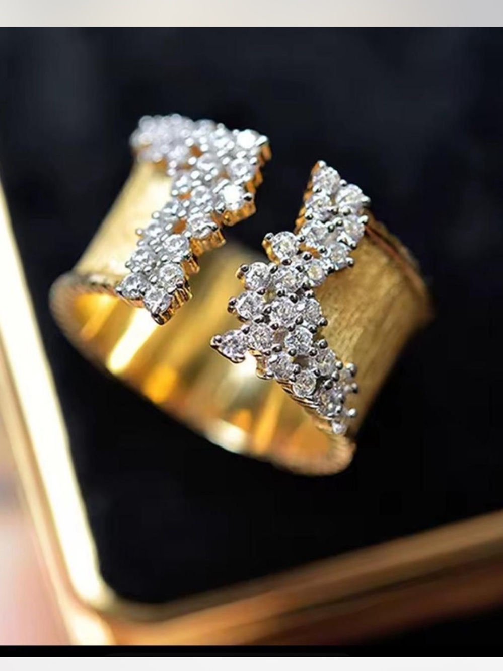 Vintage Gold Wide Band Ring with Clear Crystal Accents